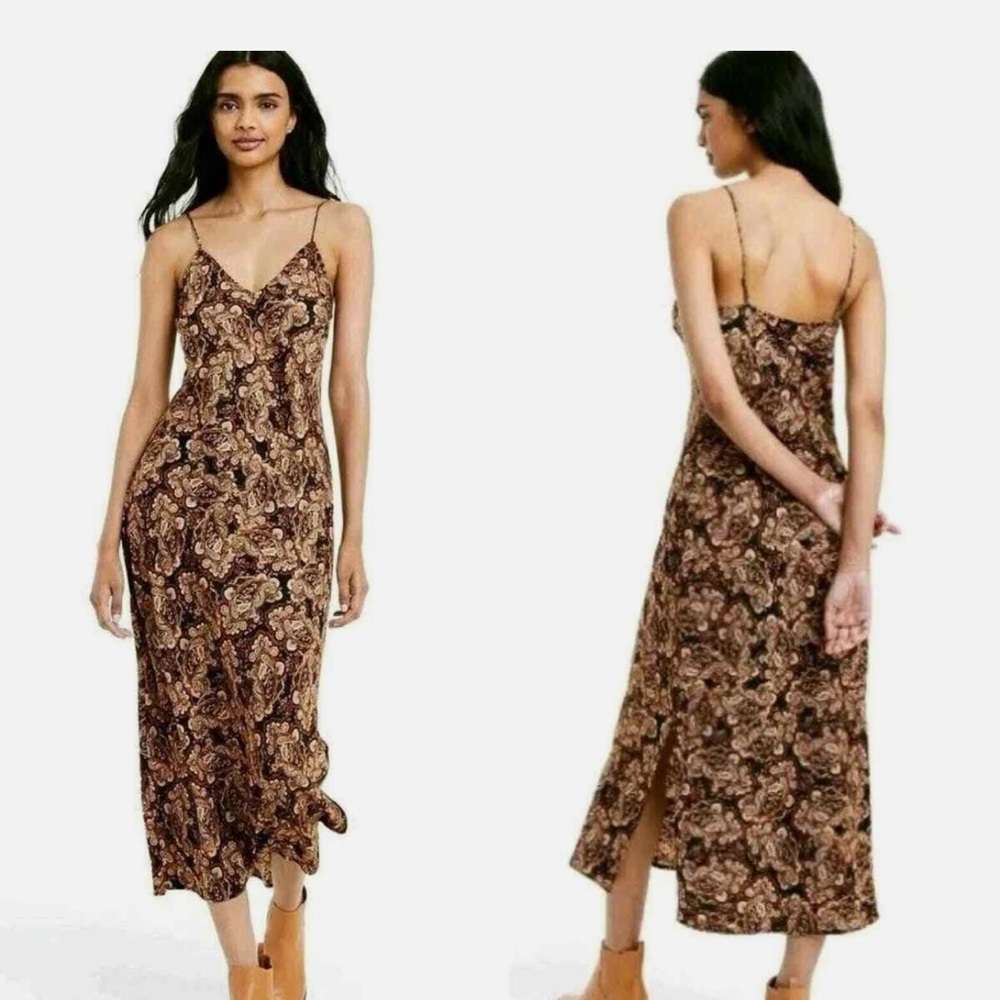 Nili Lotan x Target Paisley Satin Slip Dress S Brown Midi